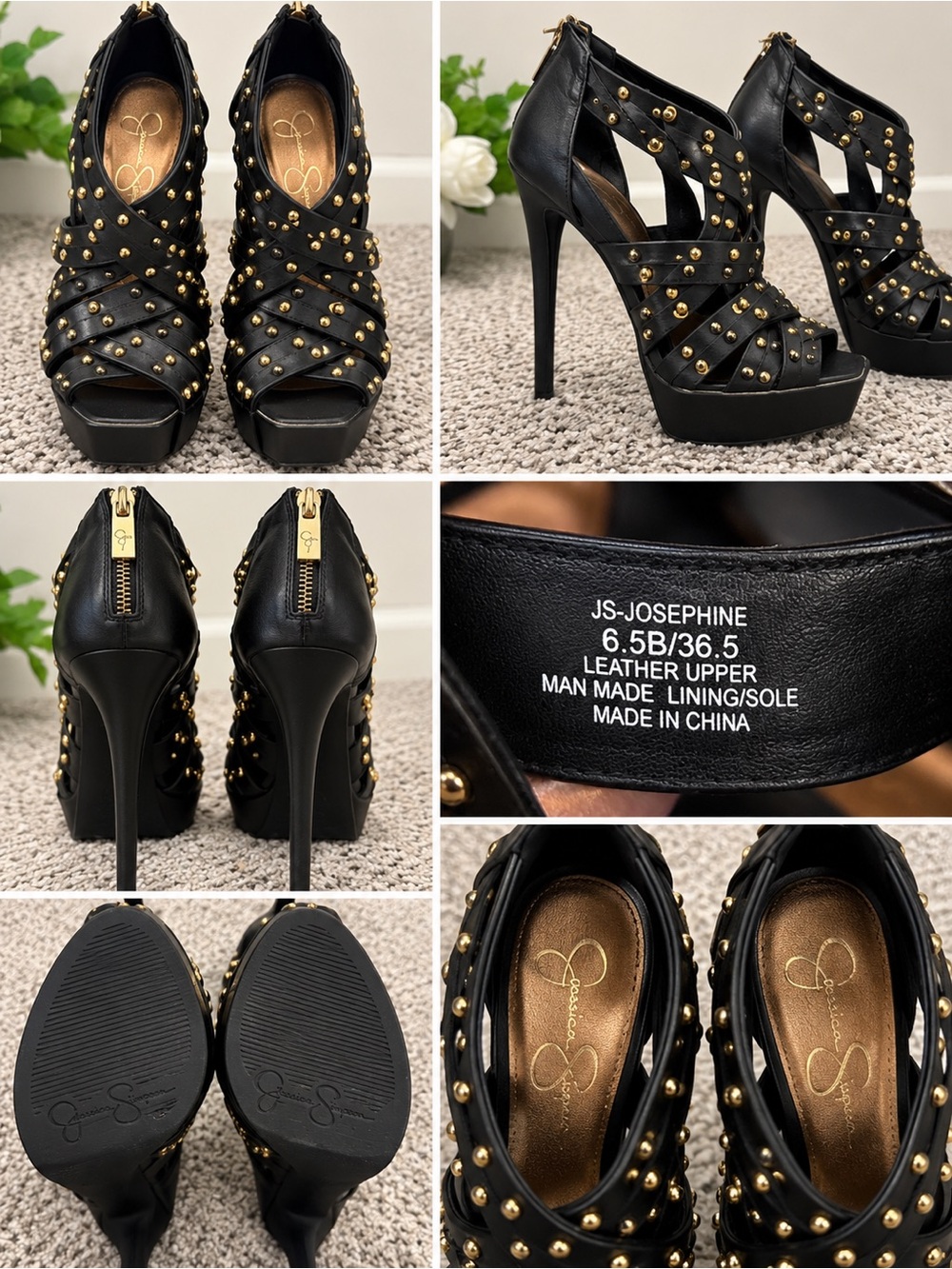 Jessica Simpson Black Leather Studded Peep-Toe Platform Heels